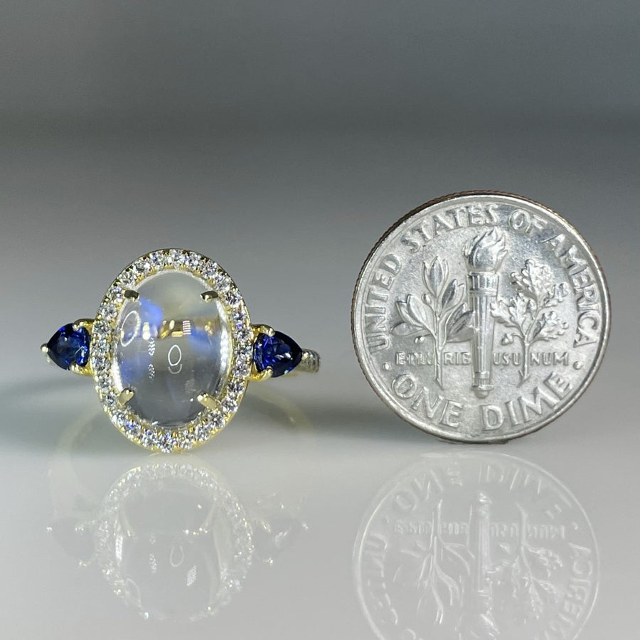 18K Yellow Gold Moonstone Sapphire and Diamond Ring 3.63/0.45/0.29ct