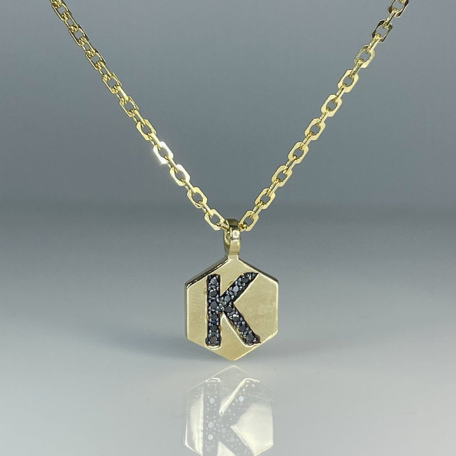 14K Yellow Gold Black Diamond Honeycomb Love Initial Necklace