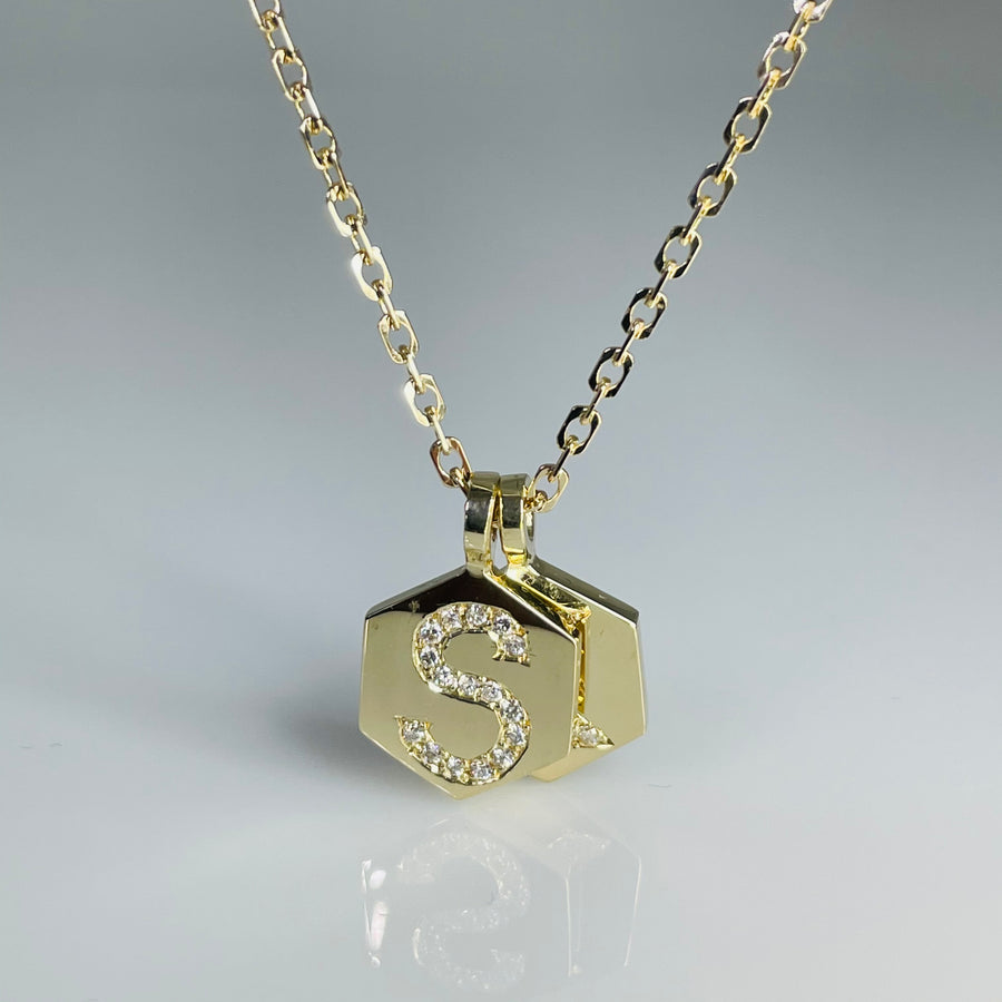 14K Yellow Gold Diamond Honeycomb Love Initials Necklace 24"