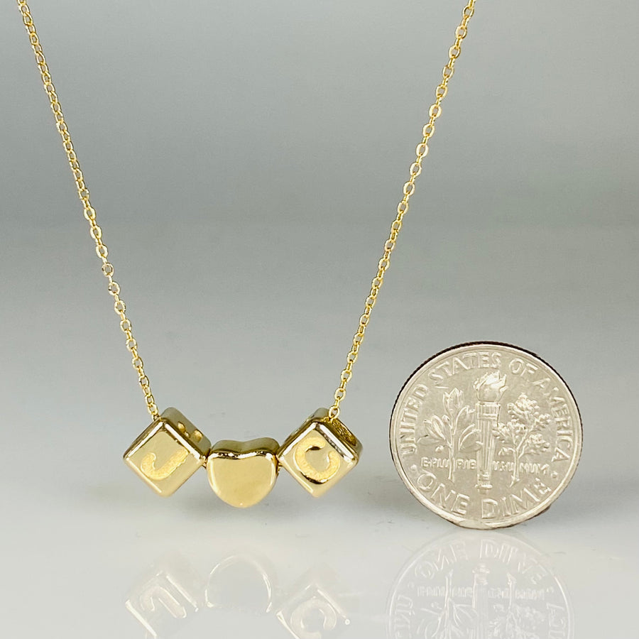 14K Yellow Gold Initial Cubes With Heart Necklace