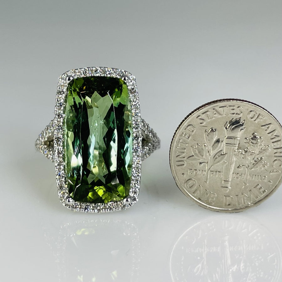 14K White Gold Green Tourmaline Diamond Ring 12.50ct/0.93ct