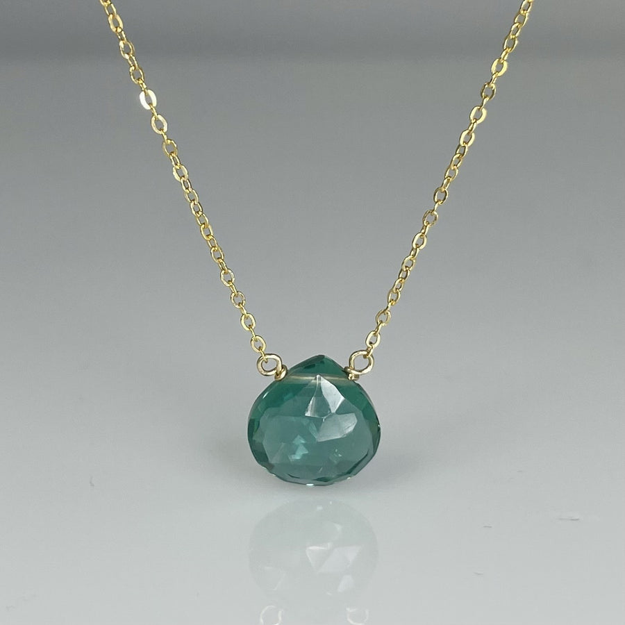 14K Yellow Gold Emerald Hydro Quartz Drop Necklace