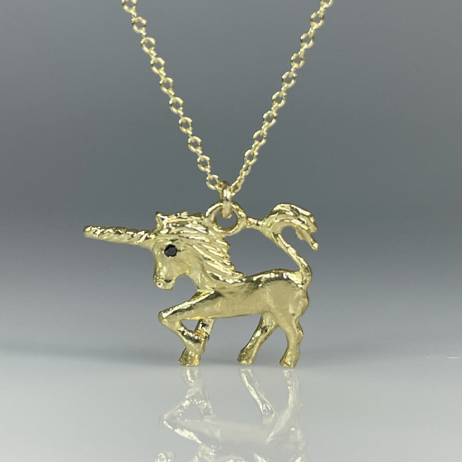 14K Yellow Gold Black Diamond Unicorn Necklace