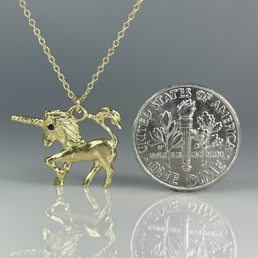 14K Yellow Gold Black Diamond Unicorn Necklace