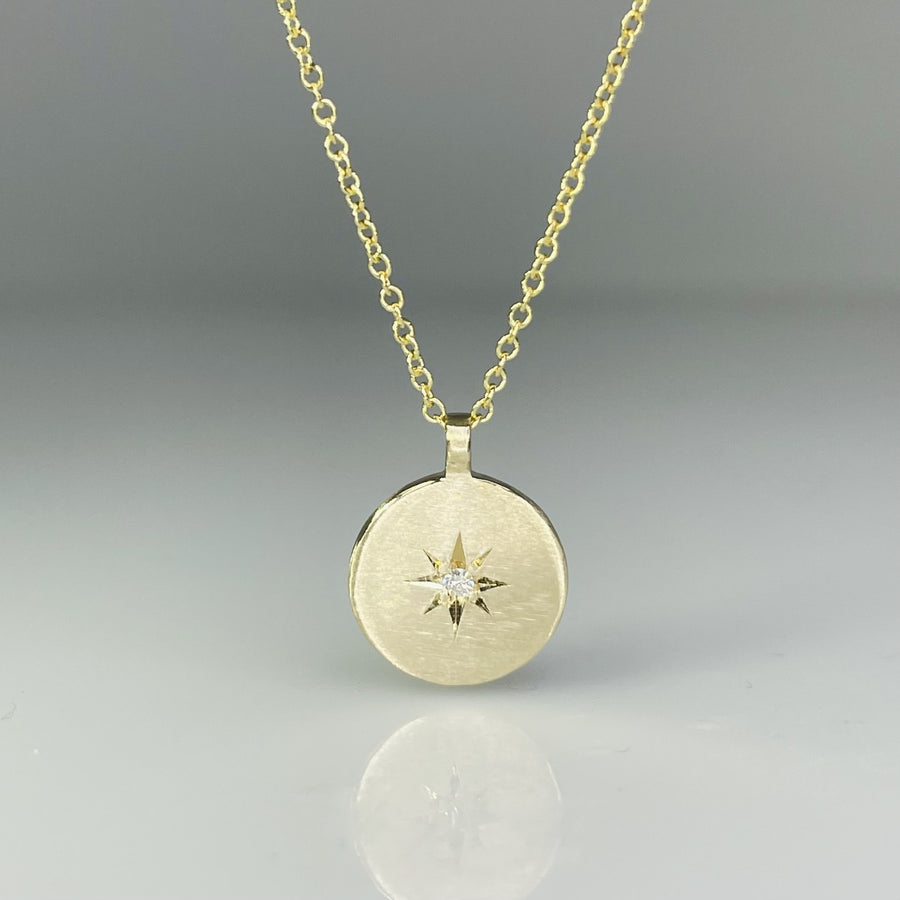 14K Yellow Gold Diamond North Star Disc Necklace