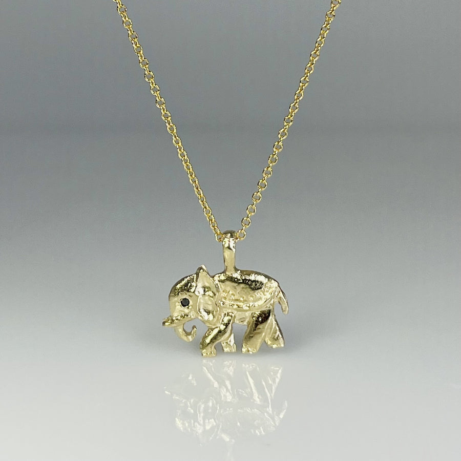 14K Yellow Gold Black Diamond Elephant Necklace