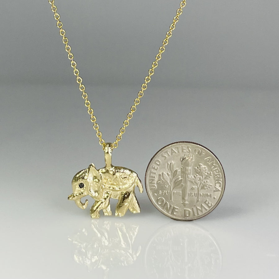 14K Yellow Gold Black Diamond Elephant Necklace