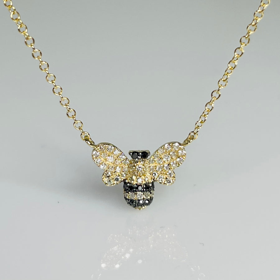 14 Karat Yellow Gold Black Diamond Bee Necklace 0.15/0.0.04ct