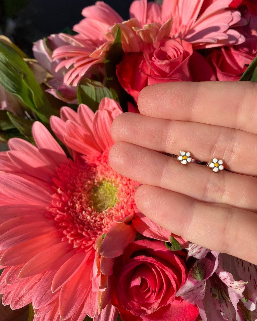 14K Yellow Gold Enamel Flower Studs
