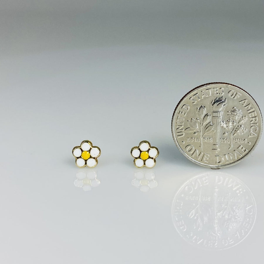 14K Yellow Gold Enamel Flower Studs