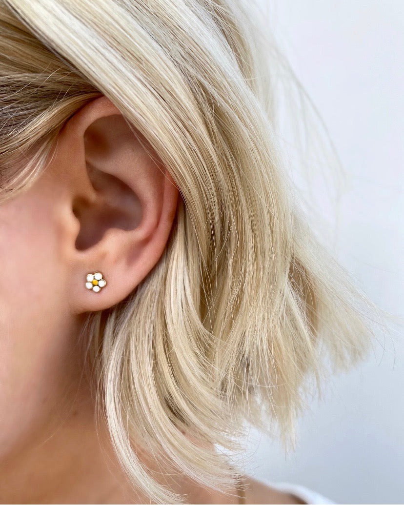 14K Yellow Gold Enamel Flower Studs