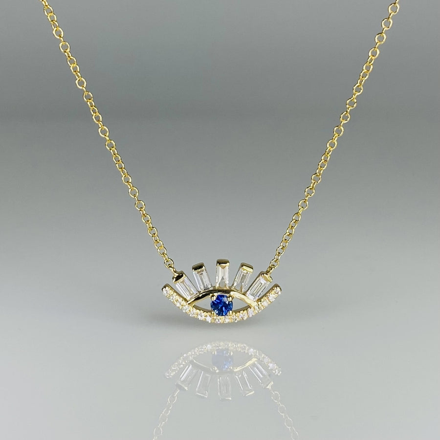 14K Yellow Gold Blue Sapphire Diamond Eye Necklace