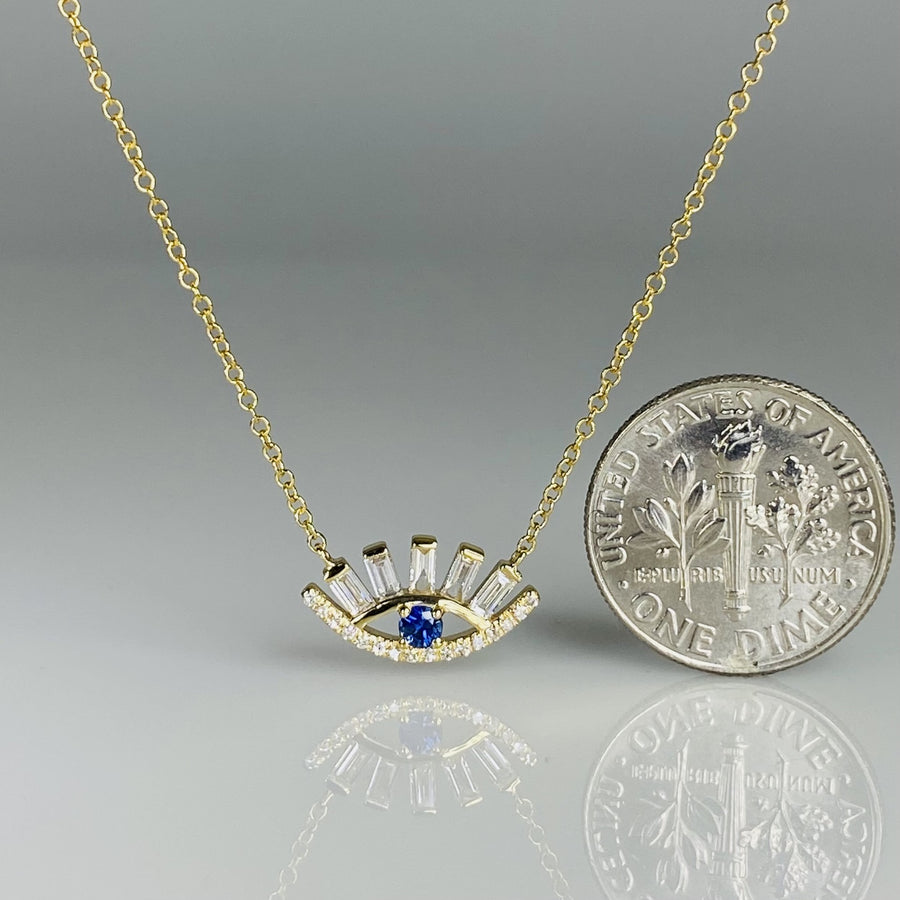 14K Yellow Gold Blue Sapphire Diamond Eye Necklace