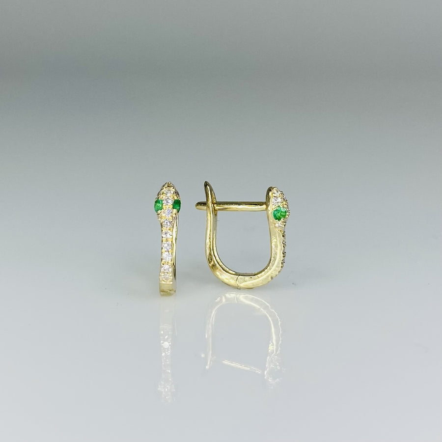 14K Yellow Gold Diamond and Emerald Snake Huggies 0.10/0.05ct