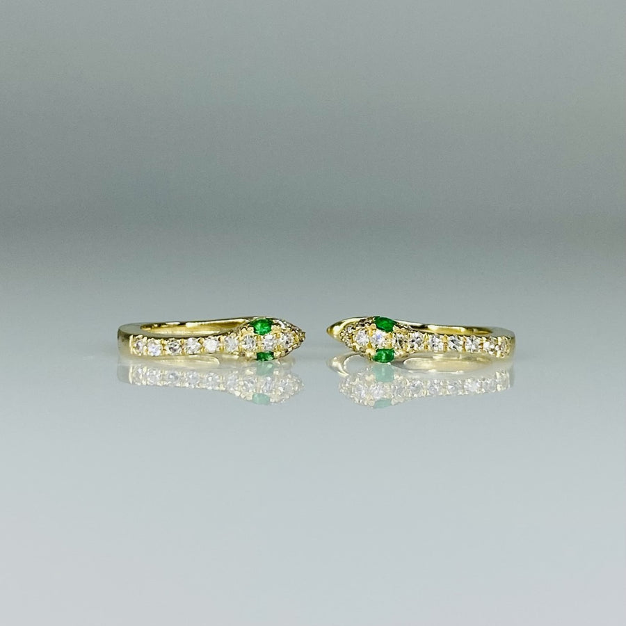 14K Yellow Gold Diamond and Emerald Snake Huggies 0.10/0.05ct