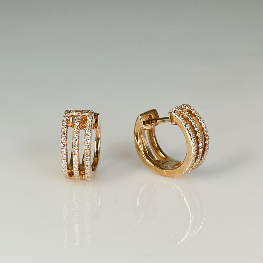 14K Rose Gold Three Rows Pave Diamond Huggie Earrings 0.25ct