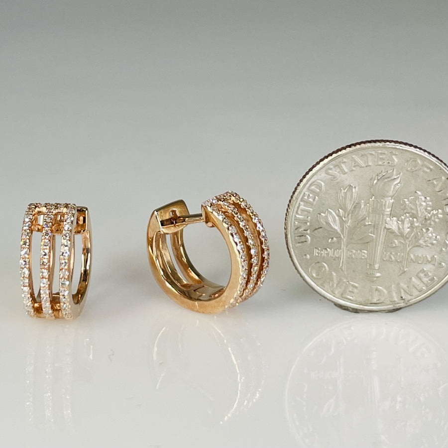 14K Rose Gold Three Rows Pave Diamond Huggie Earrings 0.25ct