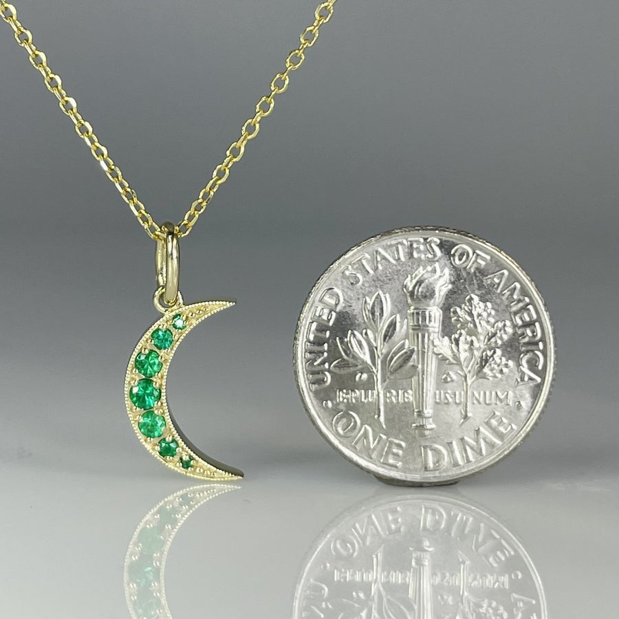 14K Yellow Gold Emerald Crescent Moon Necklace 0.15ct