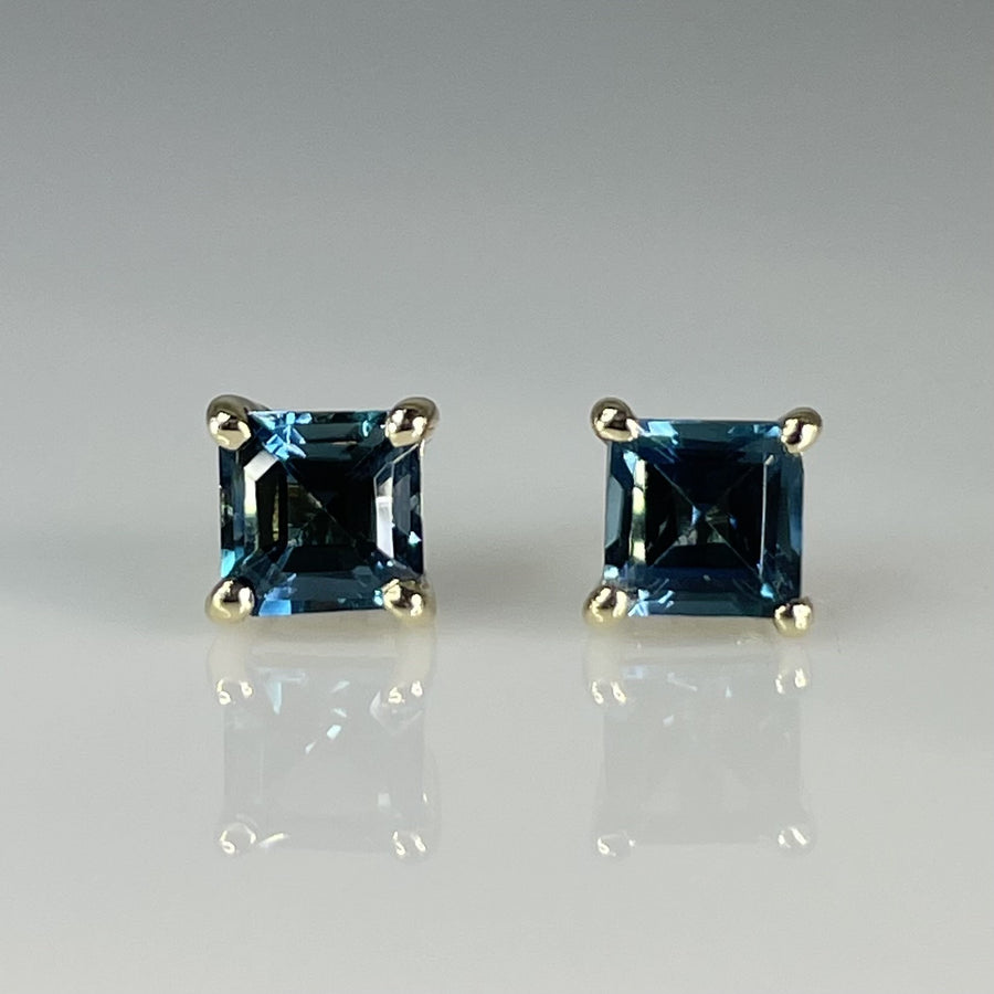 14K Yellow Gold Asscher Cut Blue Topaz Stud Earrings 1.45ct