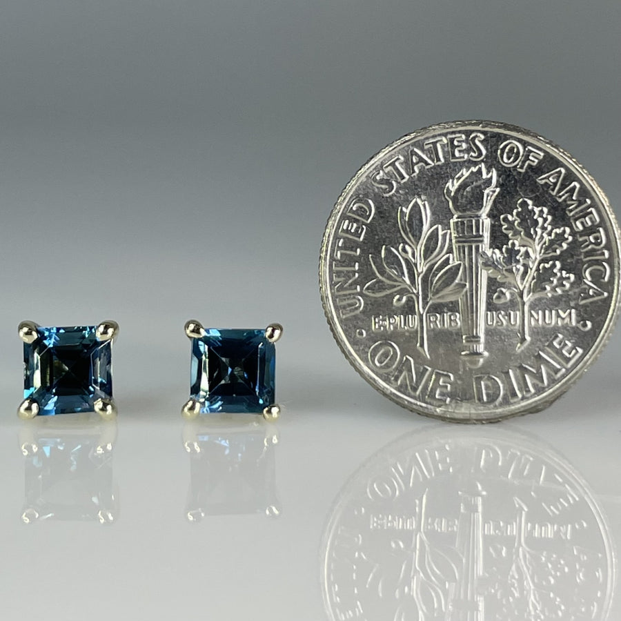 14K Yellow Gold Asscher Cut Blue Topaz Stud Earrings 1.45ct