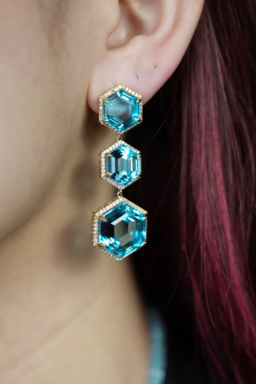 14K Yellow Gold Hexagon Blue Topaz Diamond Earrings 61/.70ct