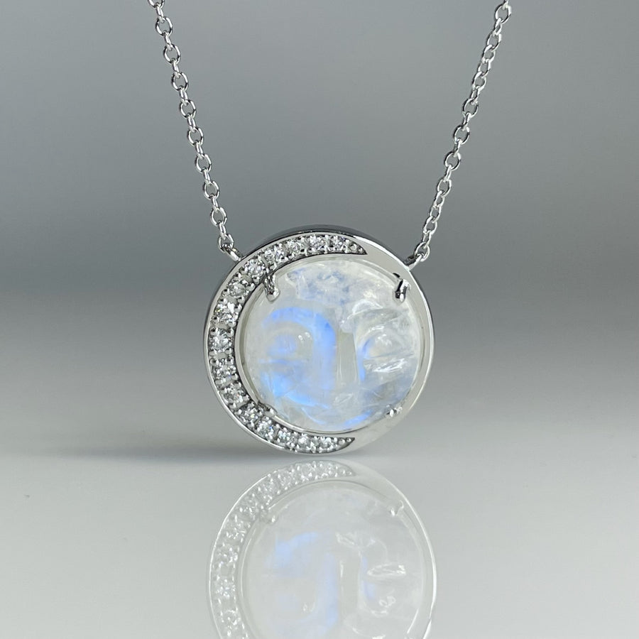 14K White Gold Rainbow Moonstone Moon Face Diamond Necklace