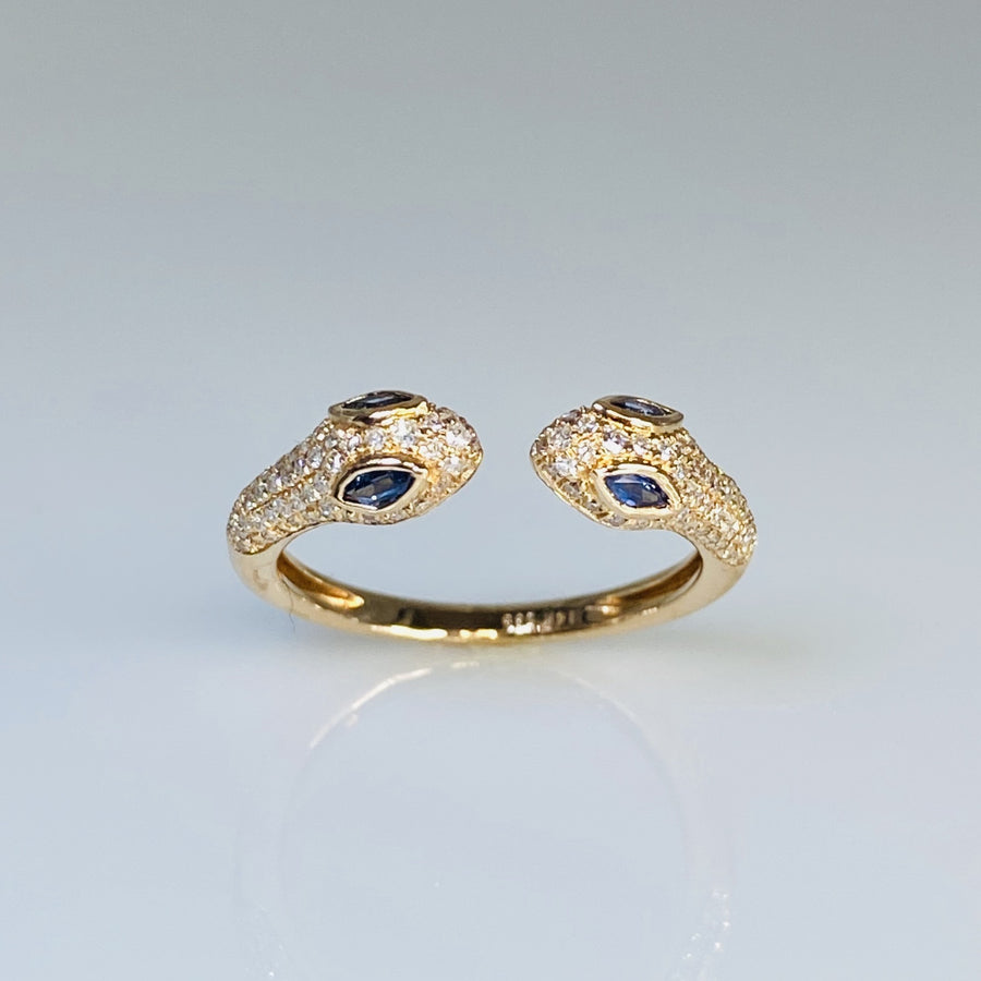 14K Rose Gold Two Headed Sapphire & Diamond Snake Ring 0.21ct/0.31ct