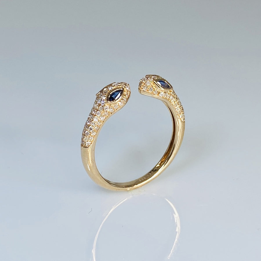14K Rose Gold Two Headed Sapphire & Diamond Snake Ring 0.21ct/0.31ct