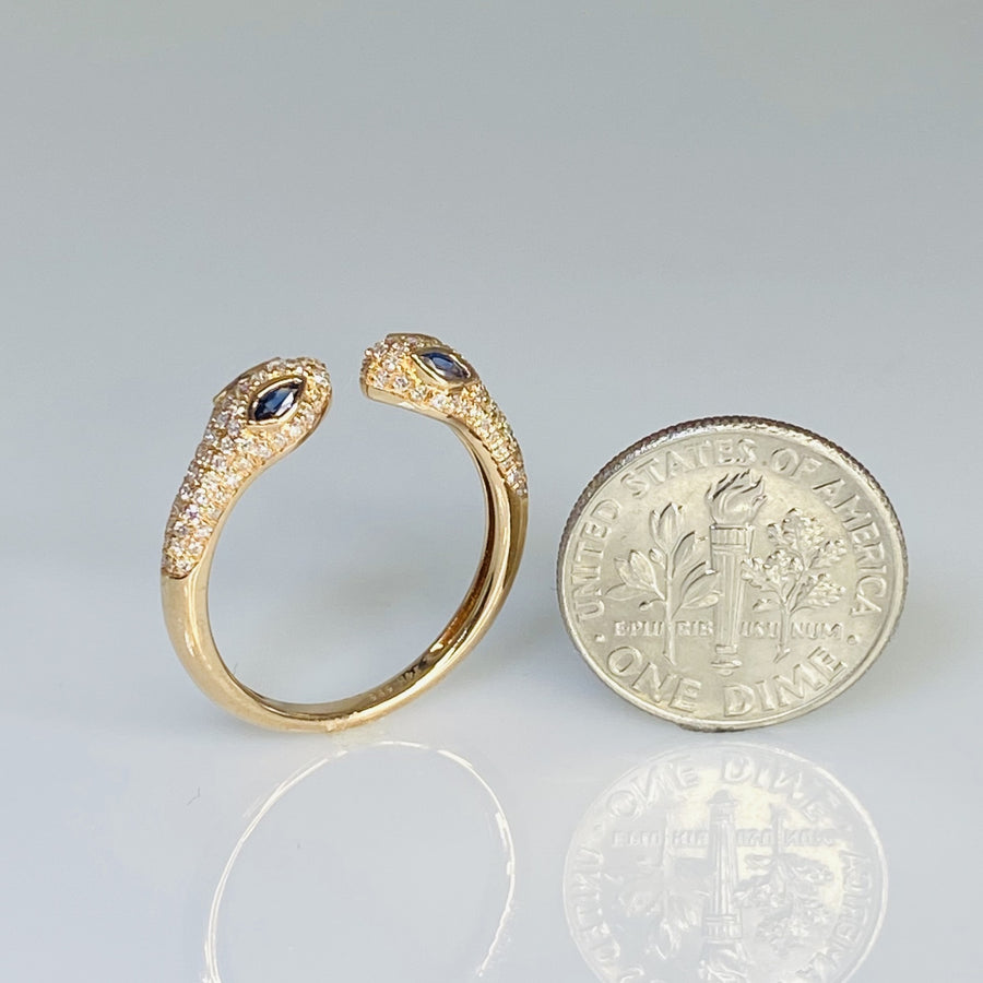 14K Rose Gold Two Headed Sapphire & Diamond Snake Ring 0.21ct/0.31ct