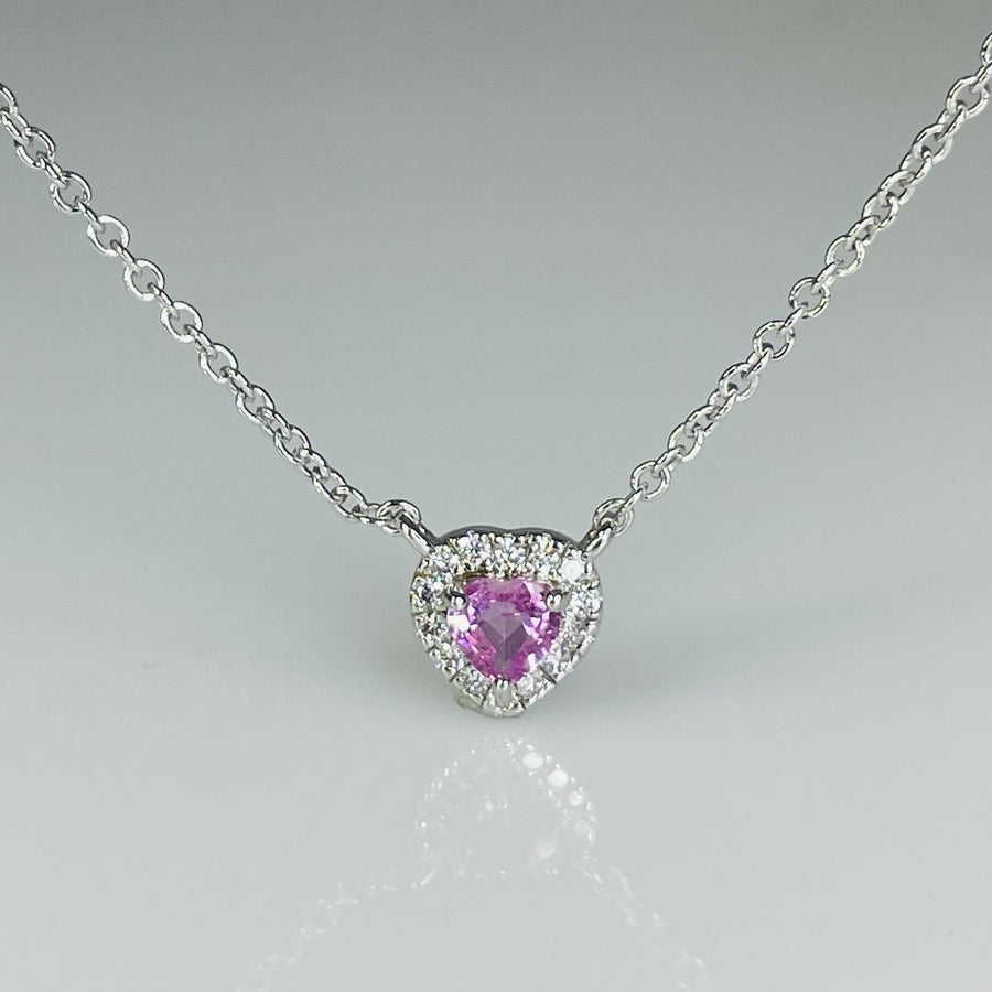14K White Gold Pink Sapphire Diamond Heart Necklace 0.28/0.05ct