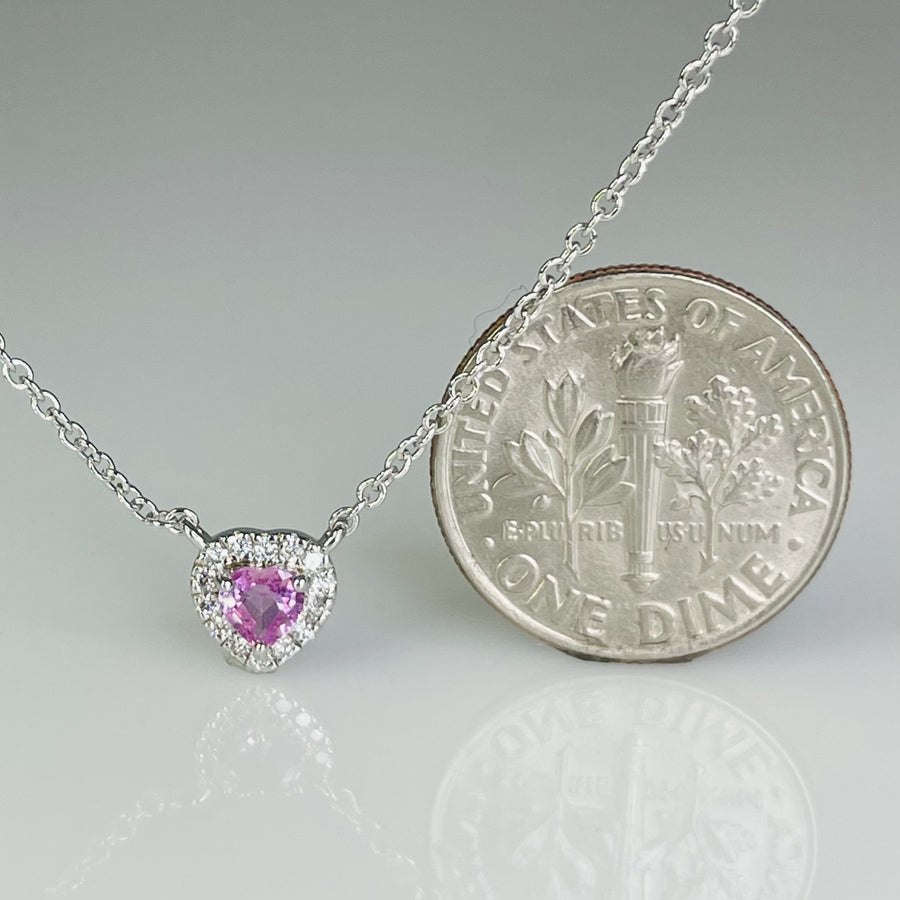 14K White Gold Pink Sapphire Diamond Heart Necklace 0.28/0.05ct