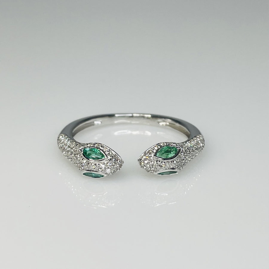 14K White Gold Two Headed Emerald & Diamond Snake Ring 0.21ct/0.31ct