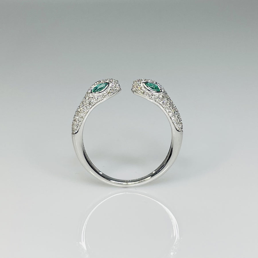 14K White Gold Two Headed Emerald & Diamond Snake Ring 0.21ct/0.31ct
