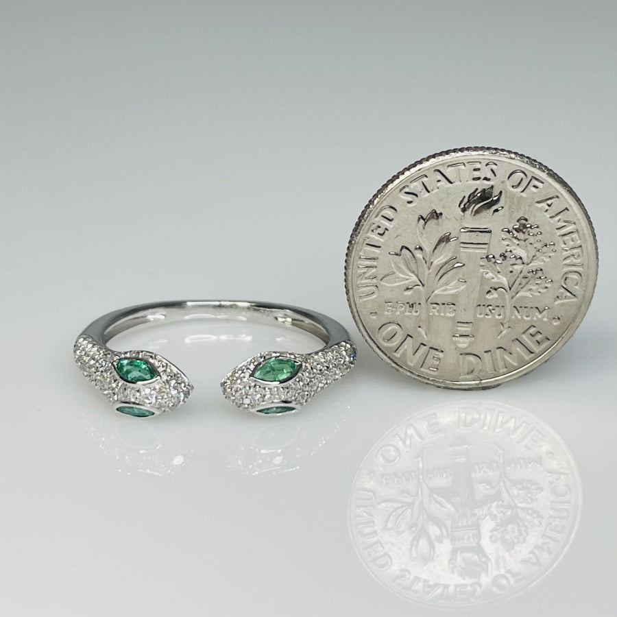 14K White Gold Two Headed Emerald & Diamond Snake Ring 0.21ct/0.31ct