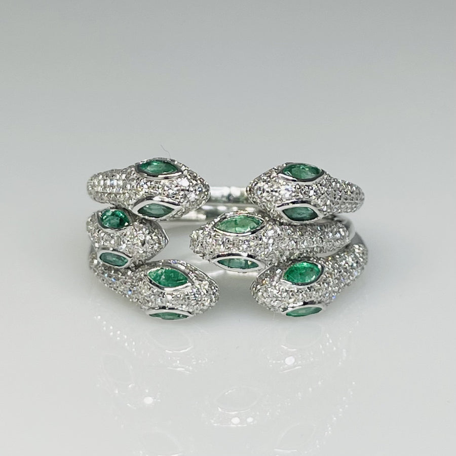 14K White Gold Two Headed Emerald & Diamond Snake Ring 0.21ct/0.31ct