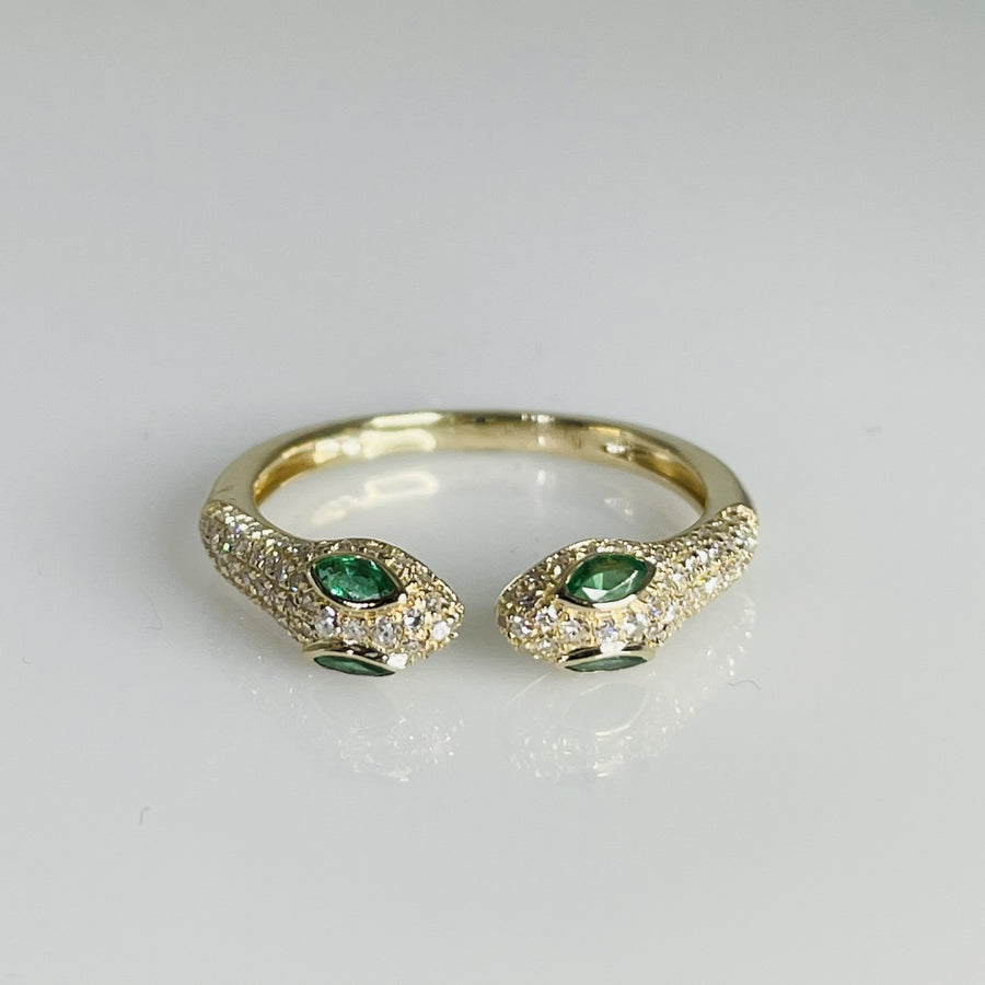 14K Yellow Gold Two Headed Emerald & Diamond Snake Ring 0.21ct/0.31ct