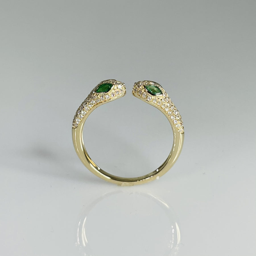 14K Yellow Gold Two Headed Emerald & Diamond Snake Ring 0.21ct/0.31ct