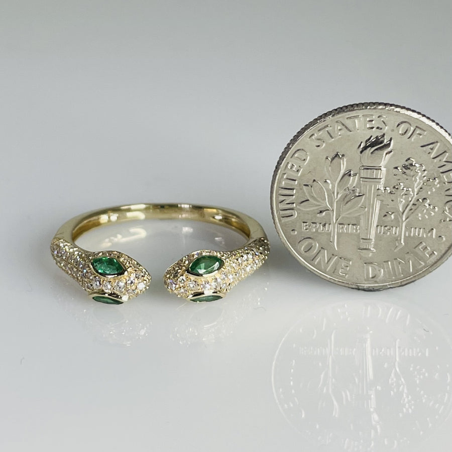 14K Yellow Gold Two Headed Emerald & Diamond Snake Ring 0.21ct/0.31ct