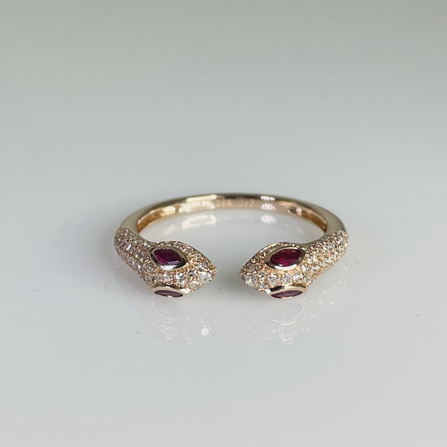 14K Rose Gold Two Headed Ruby & Diamond Snake Ring 0.21ct/0.31ct