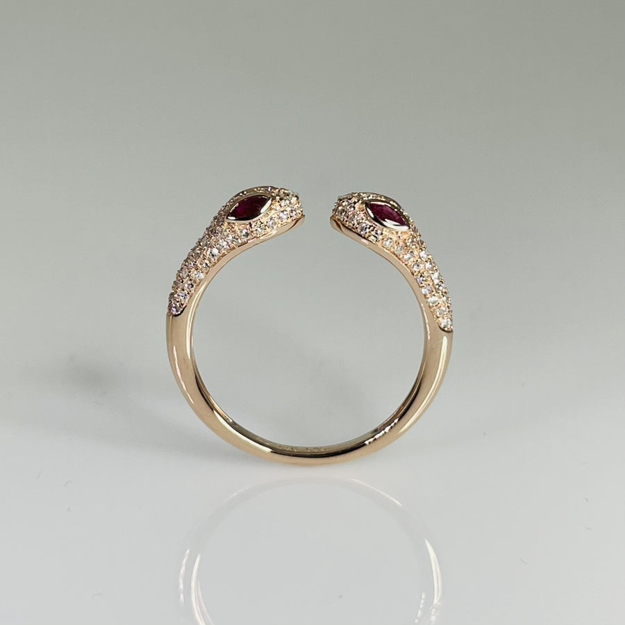 14K Rose Gold Two Headed Ruby & Diamond Snake Ring 0.21ct/0.31ct