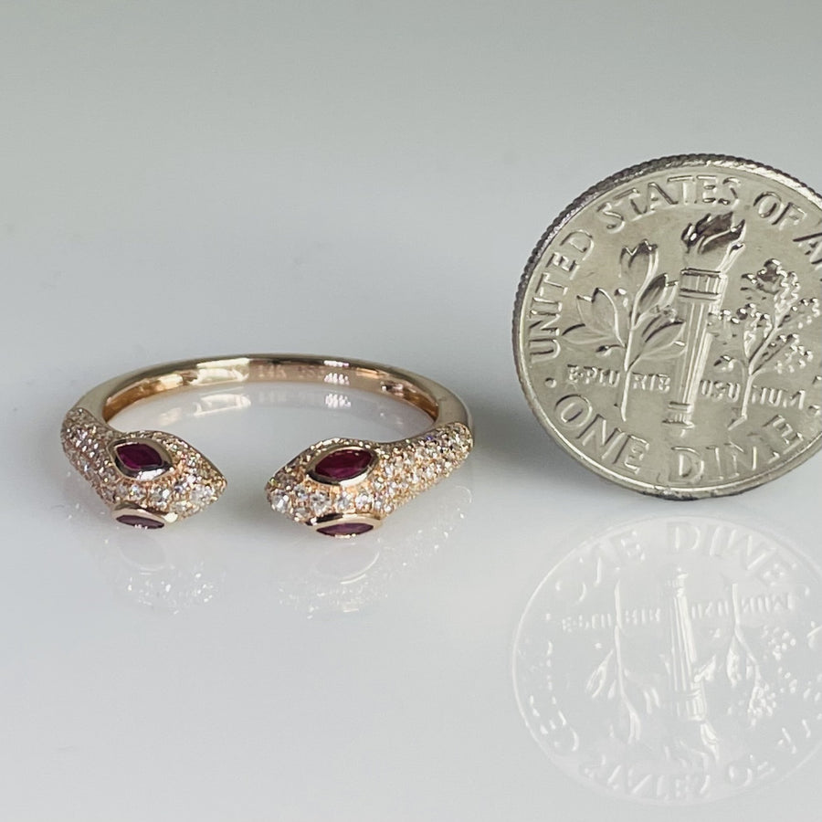 14K Rose Gold Two Headed Ruby & Diamond Snake Ring 0.21ct/0.31ct