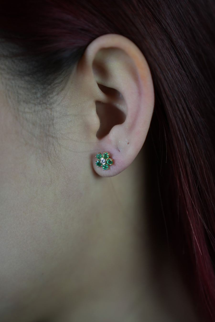 14K Yellow Gold Emerald and Diamond Flower Earrings 0.70/0.10ct