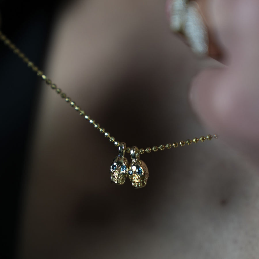 14K Yellow Gold Blue Diamond Evil Twins Skull Necklace