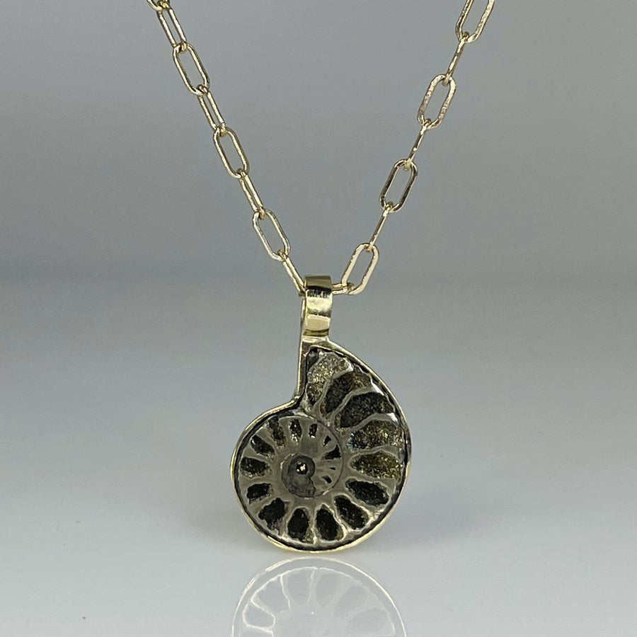 14K Yellow Gold Pyritized Ammonite Necklace 18x22mm