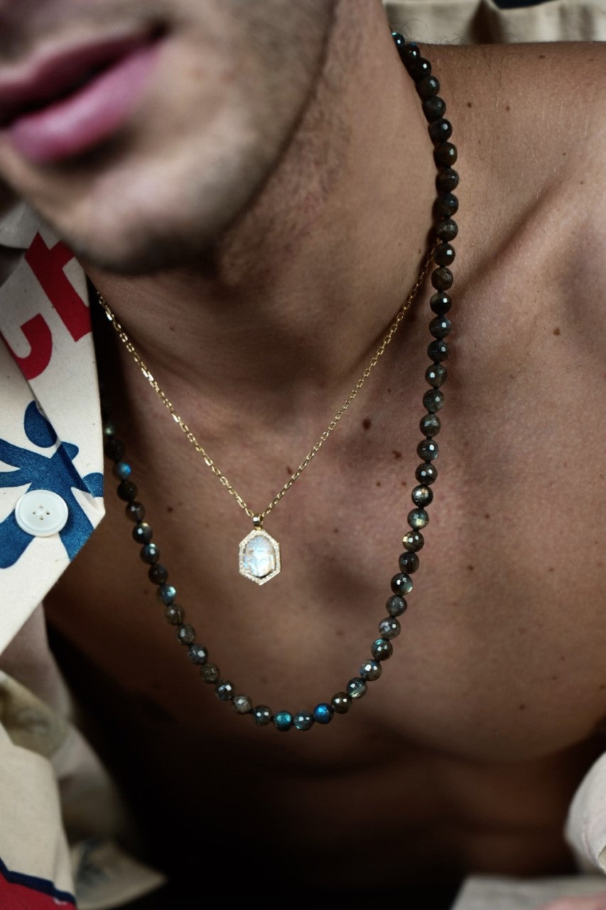 14K Yellow Gold Rainbow Moonstone Buddha and Diamond Necklace
