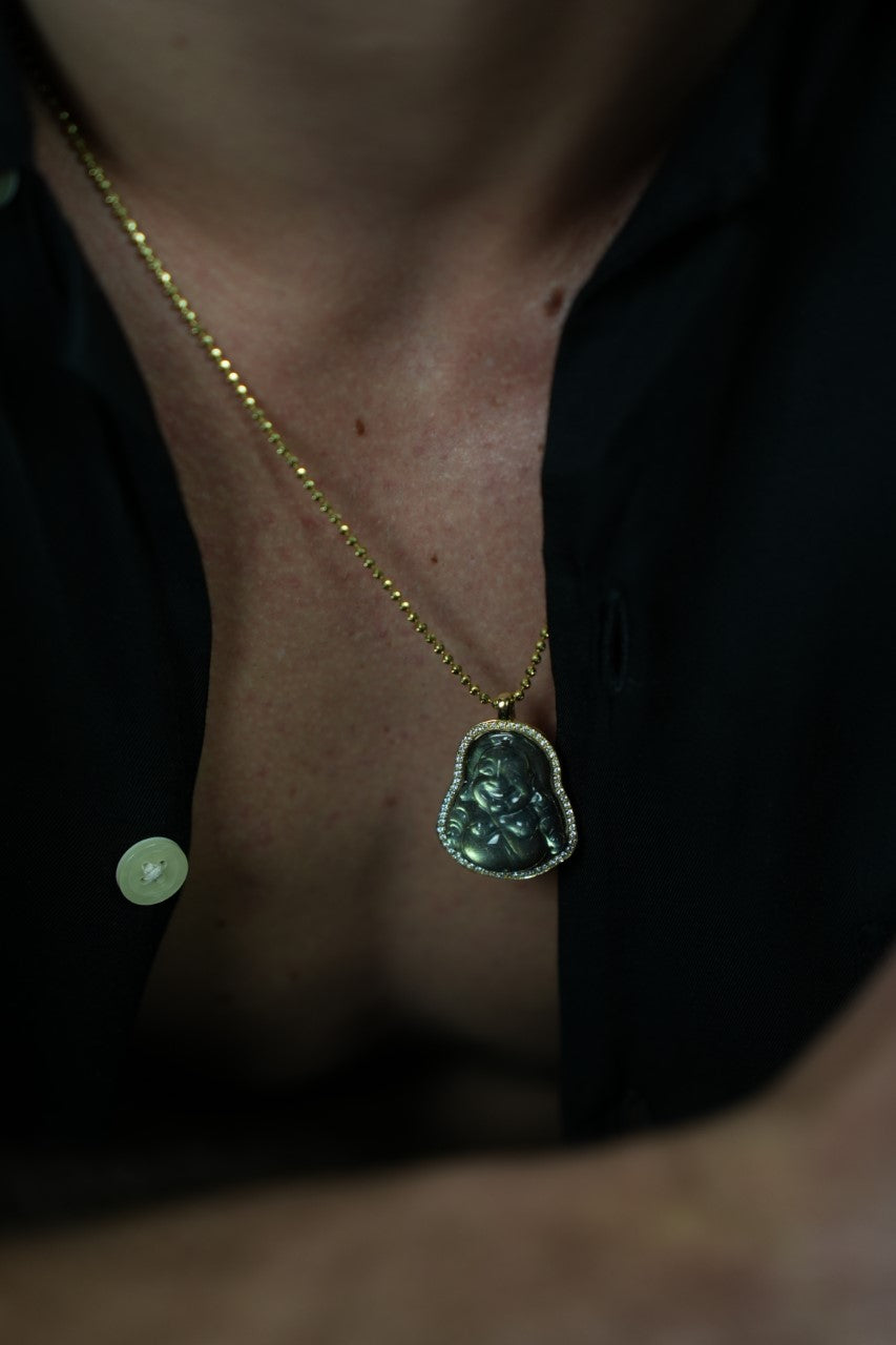 14K Yellow Gold Labradorite Diamond Buddha Necklace 31.35ct