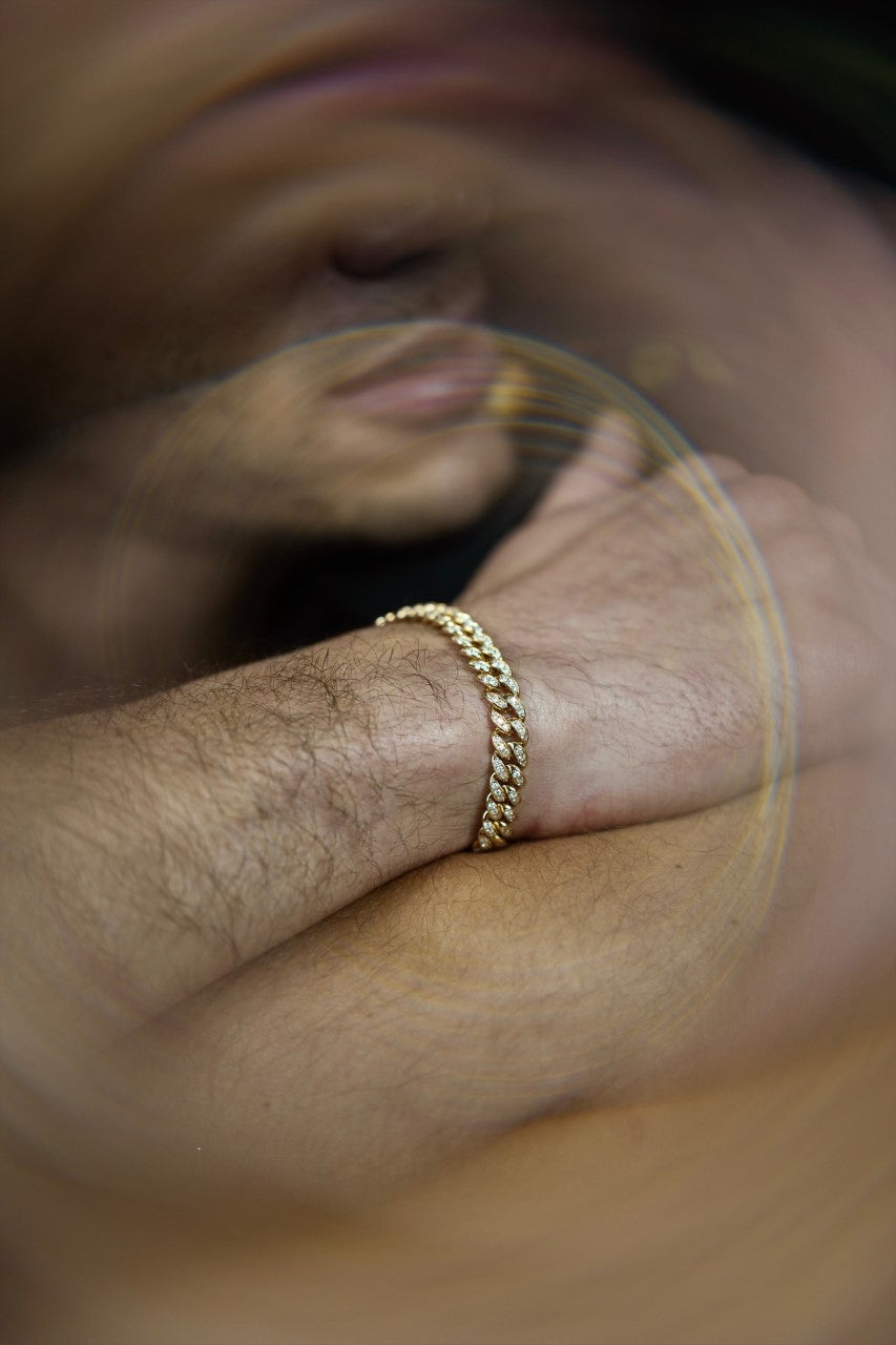 14K Yellow Gold White Diamond Cuban Chain Bracelet 2.00ct