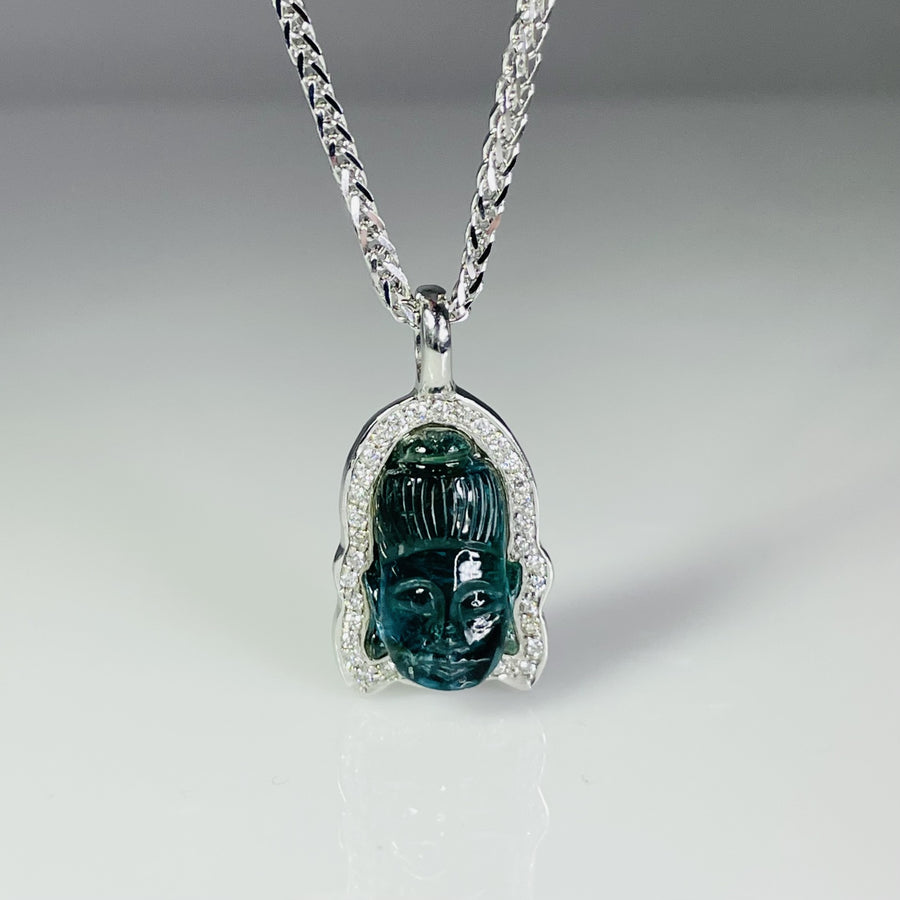 14K White Gold Blue Tourmaline Buddha Necklace 8.04ct/0.18ct