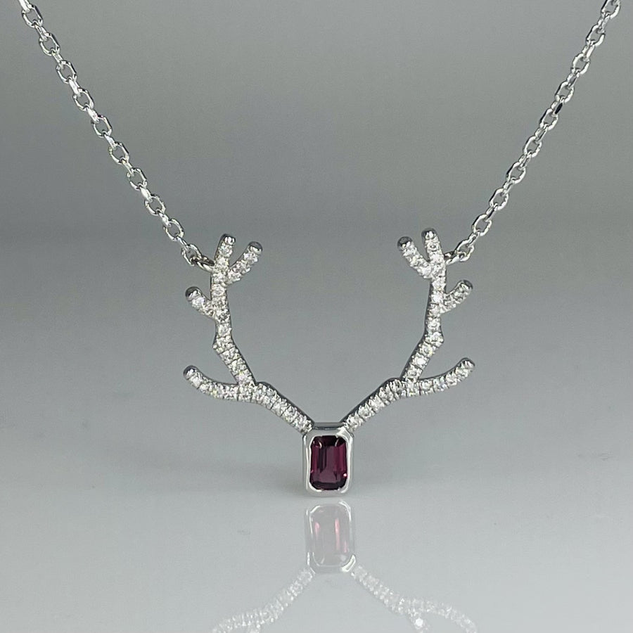 14K White Gold Diamond and Garnet Antler Necklace 0.27ct/0.37ct