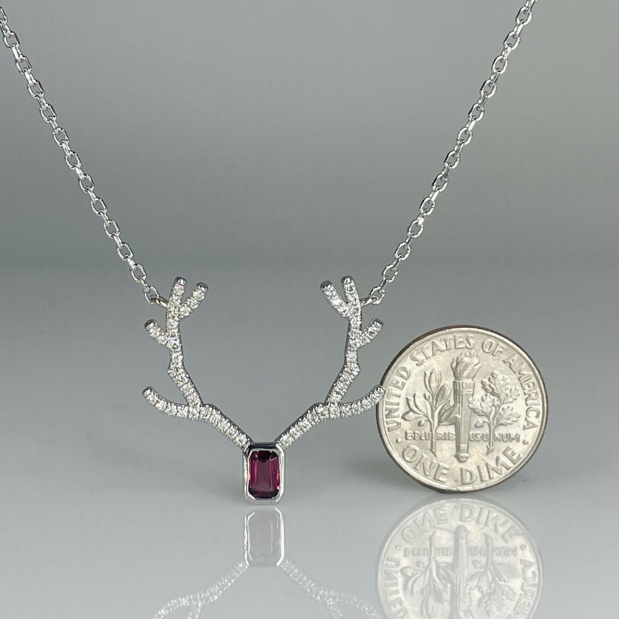 14K White Gold Diamond and Garnet Antler Necklace 0.27ct/0.37ct